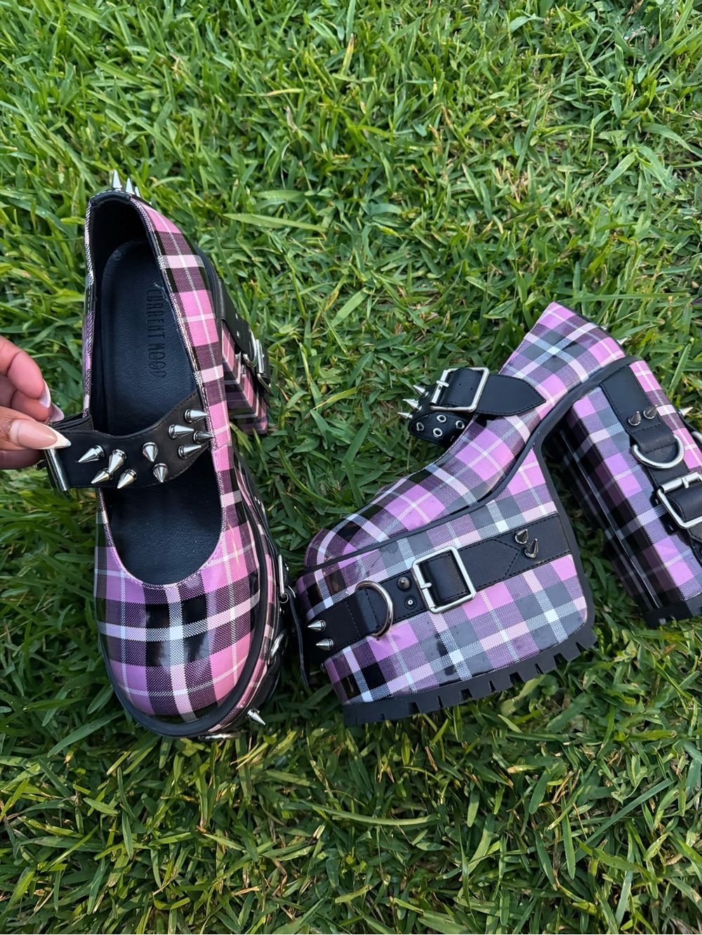 Dolls Kill Pink Plaid Platform Mary Janes with Studded Buckle